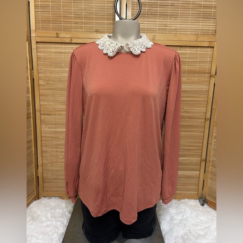 Faith and Joy dark peach blouse lace Peter Pan color top woman’s medium